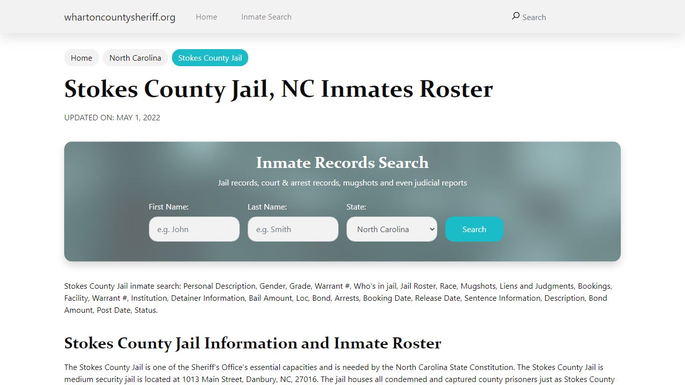 Stokes County Jail, NC Jail Roster, Name Search